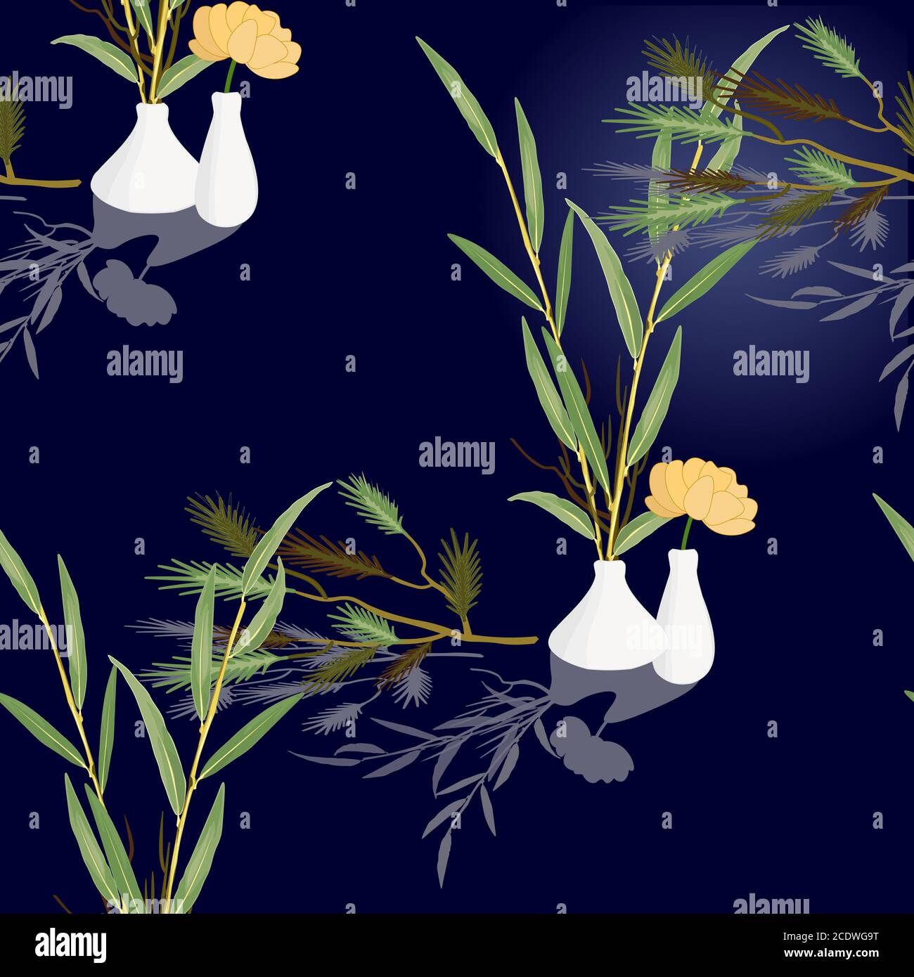 plants in white vases composition on dark blue seamless pattern Stock Vector