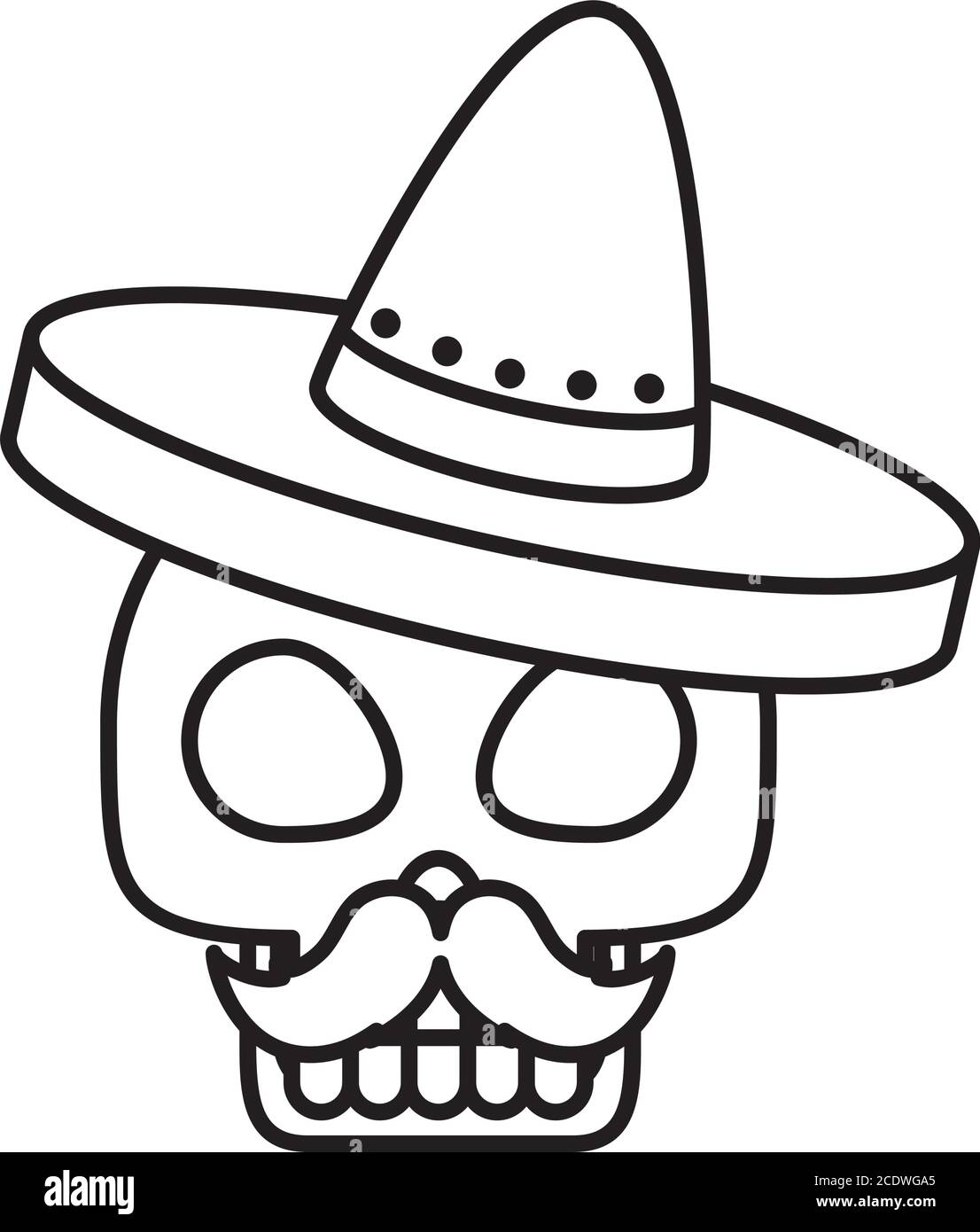 mexican skull with mustache and hat over white background, line style ...