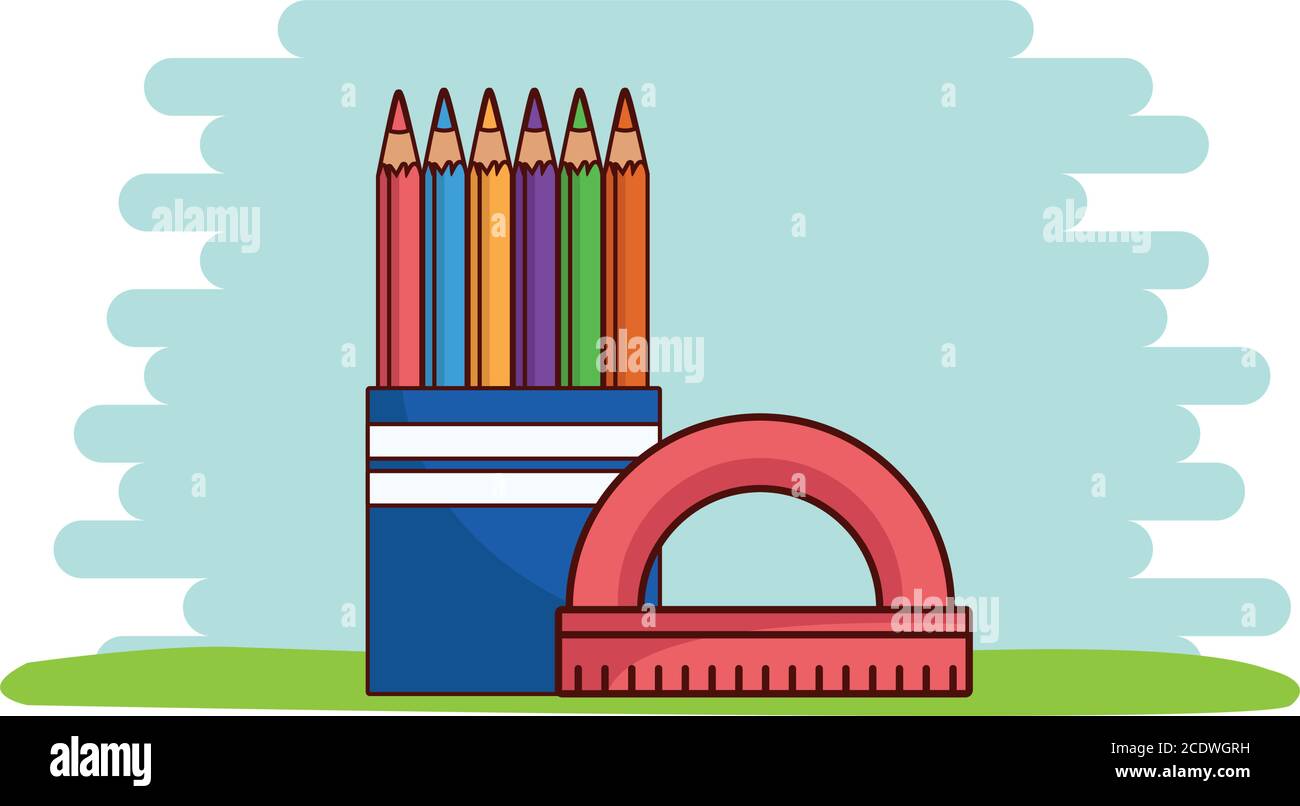 School colored pencils box and ruler design, Education class lesson and ...