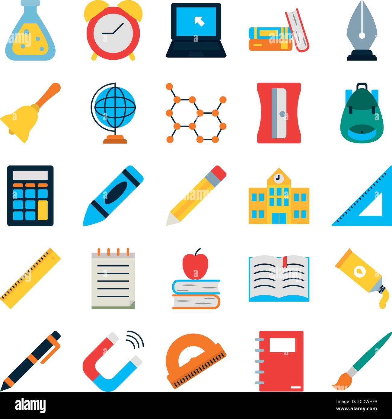 chemical flask and school icon set over white background, flat style ...
