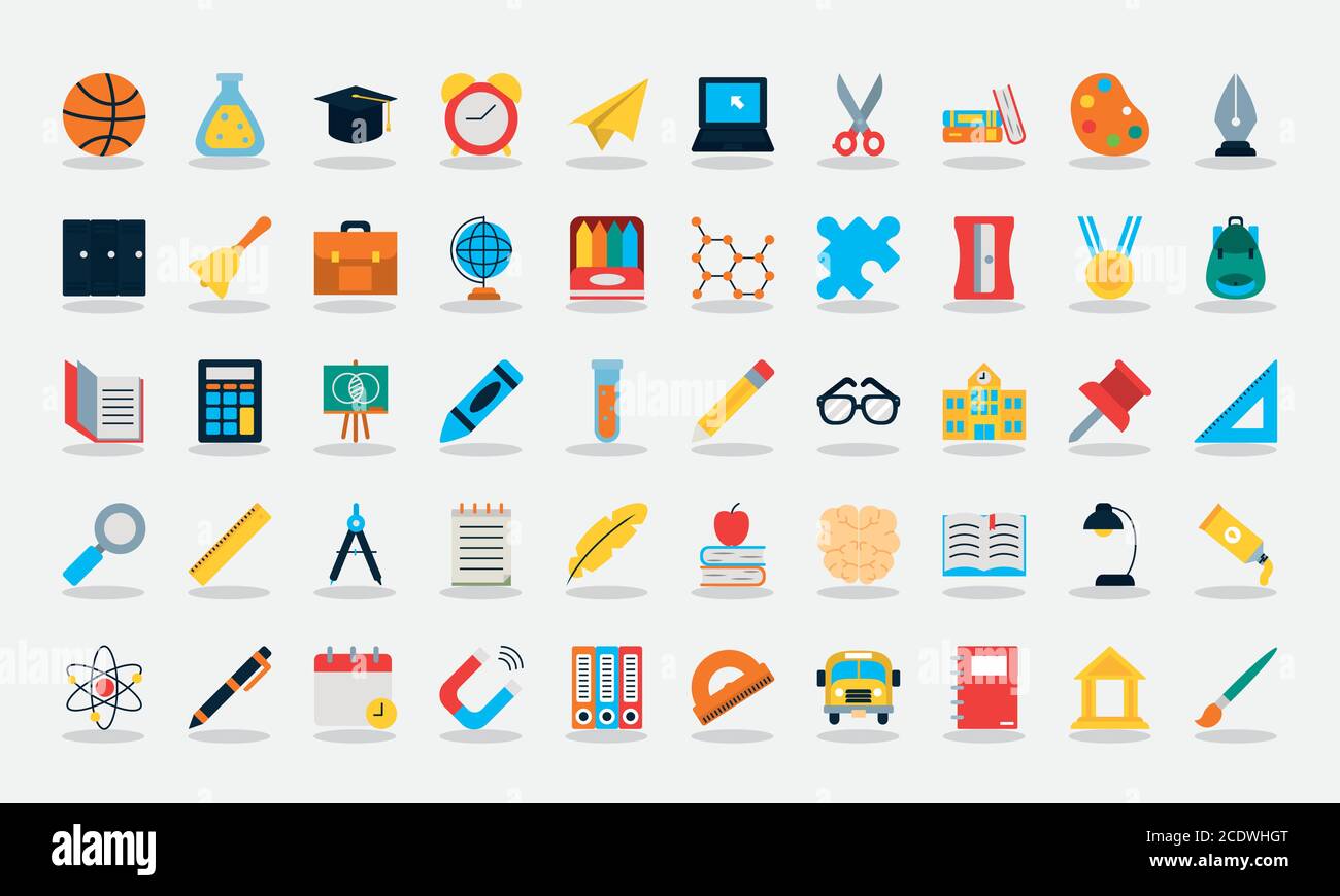 school icon set over white background, flat style, vector illustration ...