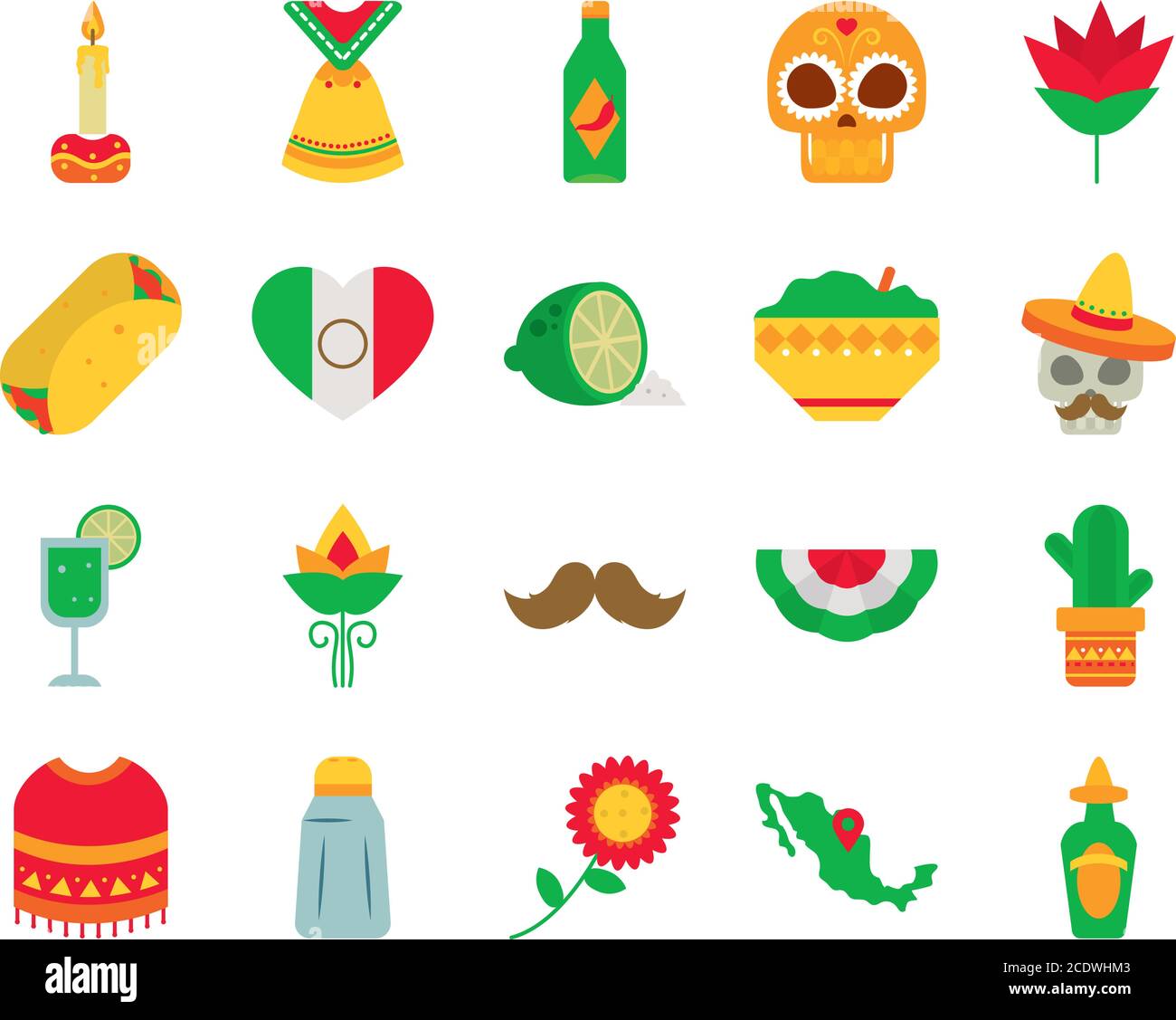 icon set of mexican poncho and mexico over white background, flat style ...