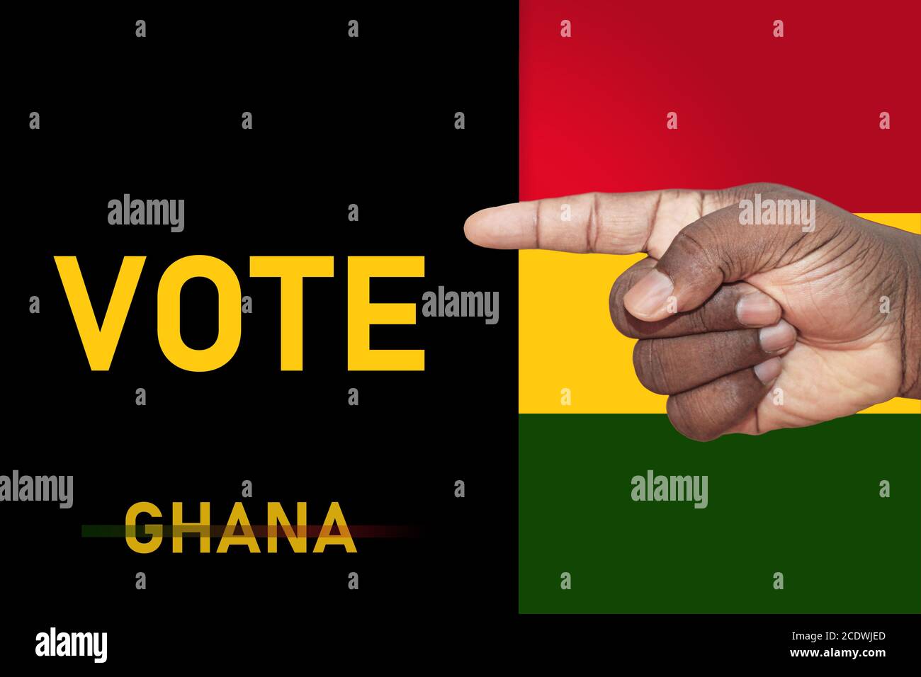 Hand Pointing to an election vote sign with the colours of the Ghanaian flag behind it. Stock Photo