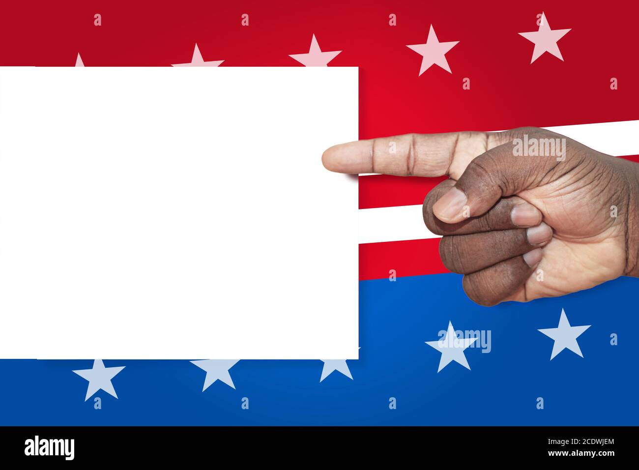 Black man's hand pointing to blank sign on US stars and stripes background. American independence and politics sign and checklist template. Stock Photo
