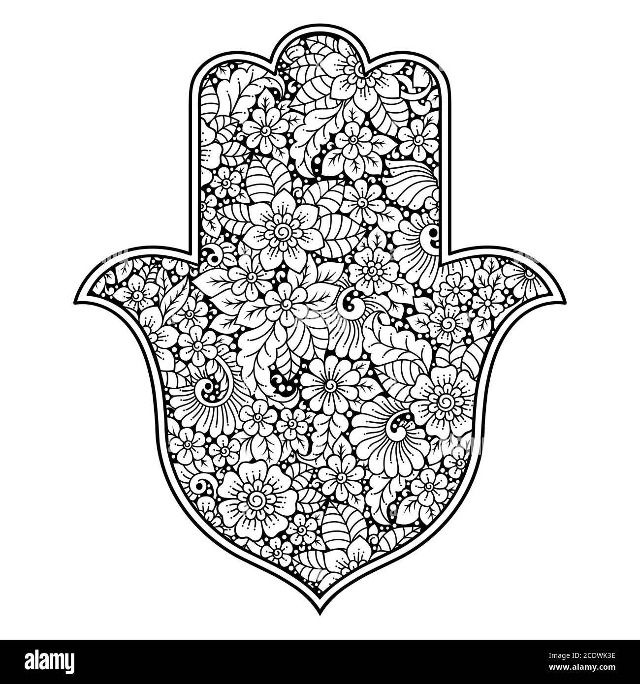 Hamsa hand drawn symbol with flower. Decorative pattern in oriental style for interior decoration and henna drawings. The ancient sign of 'Hand of Fat Stock Vector