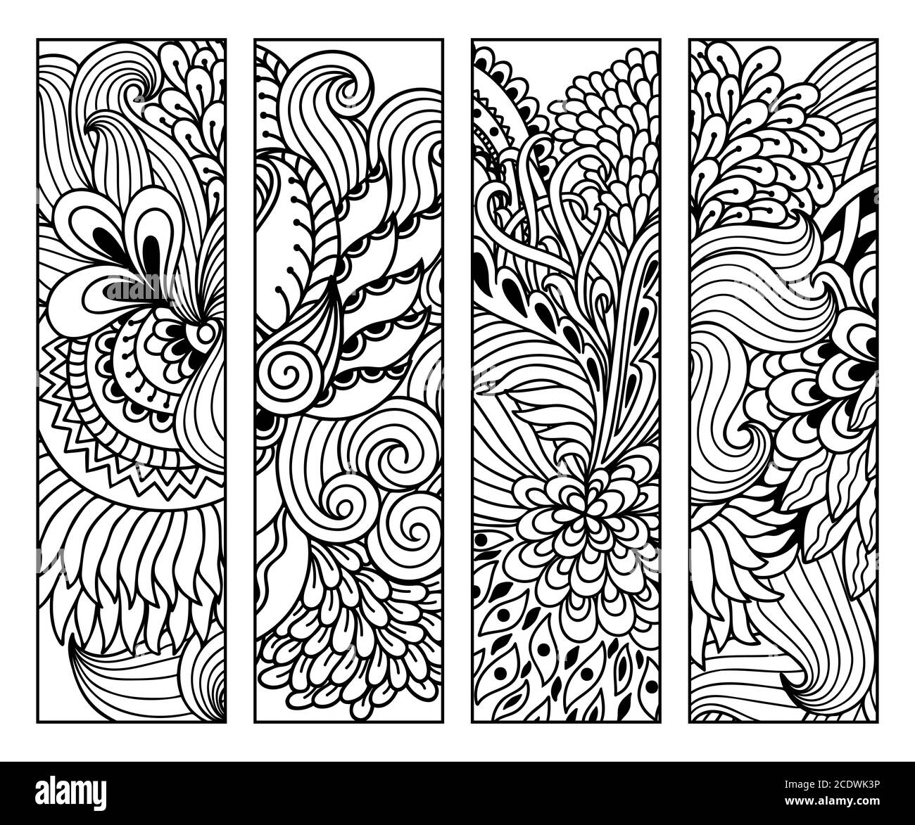 Bookmark for book coloring. Set of black and white labels with floral