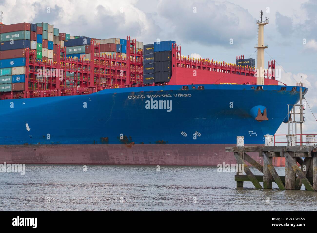 Doel, Belgium, August 17, 2020, Cosco Shipping is a container ship headquartered in Shanghai, detail photo Stock Photo