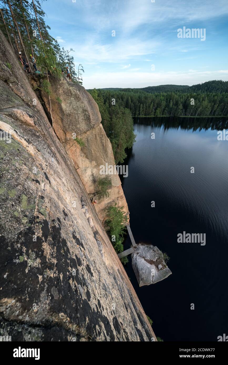Trad rock climbing at Olhavanvuori, Repovesi National Park, Kouvola, Finland Stock Photo