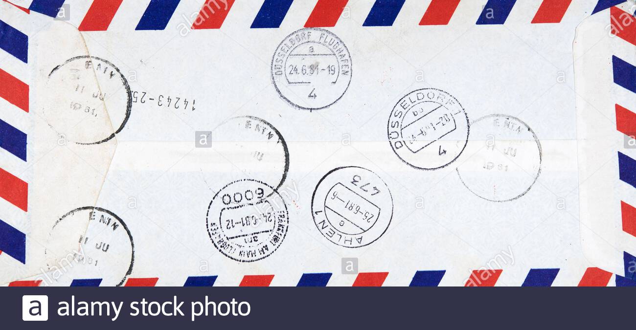 Luftpost Airmail Umschlag Envelope Post Letter Mail Brief Gestempelt Used Frankiert Briefmarke Stamp Dusseldorf Frankfurt Flughafen Ahlen Stempel Stock Photo Alamy