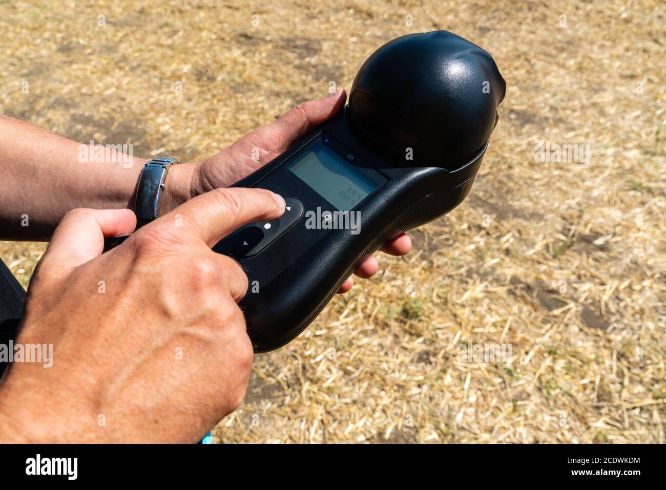 Mobile device for measuring the parameters of grain in the harvest. Smart farming and precision agriculture Stock Photo