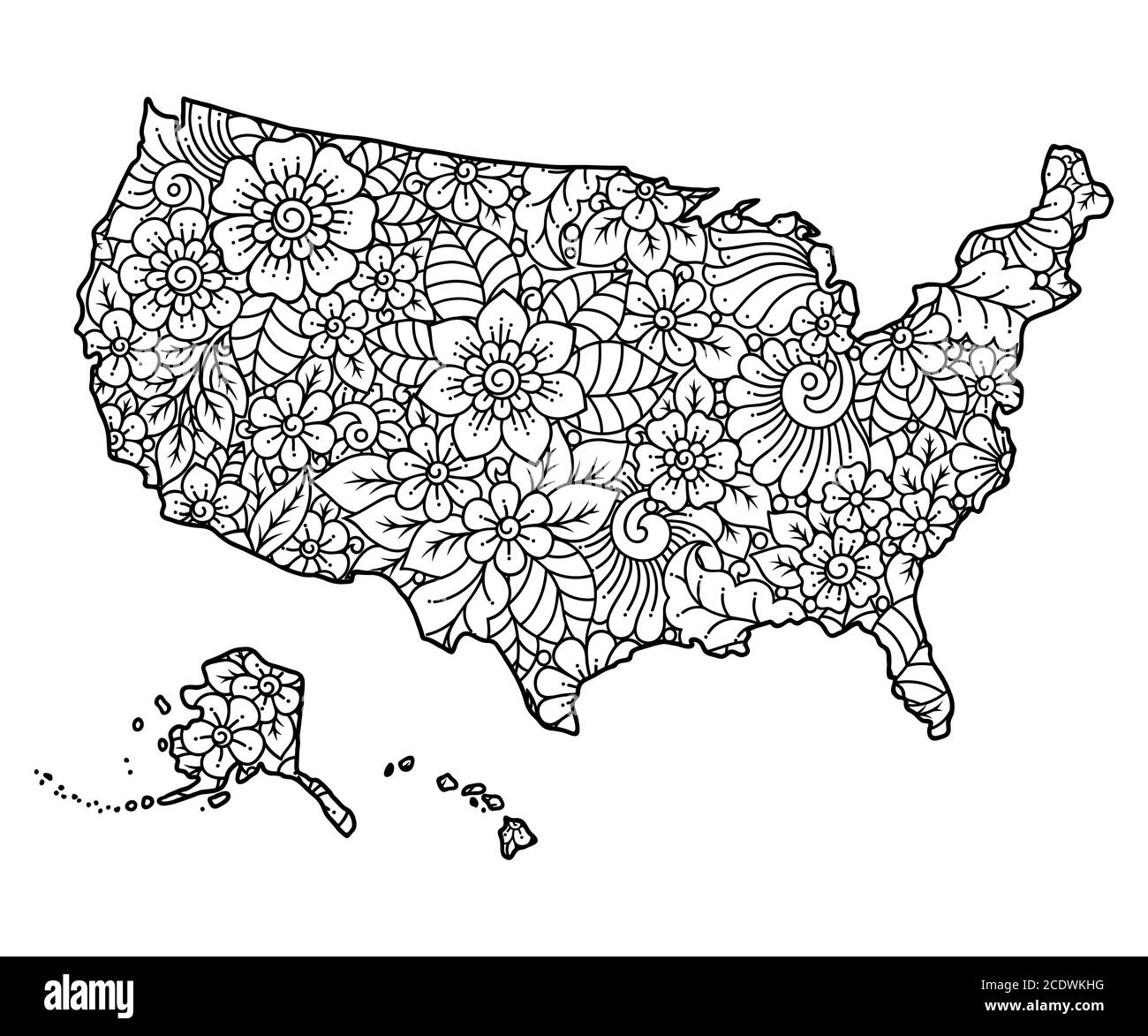 Outline map of United States of America filled with a high-detailed floral pattern. Flower ornament in oriental mehndi style. Coloring book page. Stock Vector