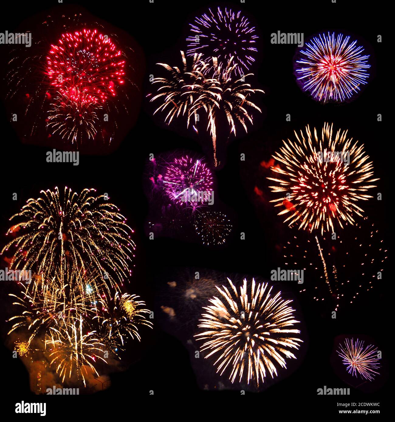 Colorful set of eight exploded fireworks, isolated on black background Stock Photo