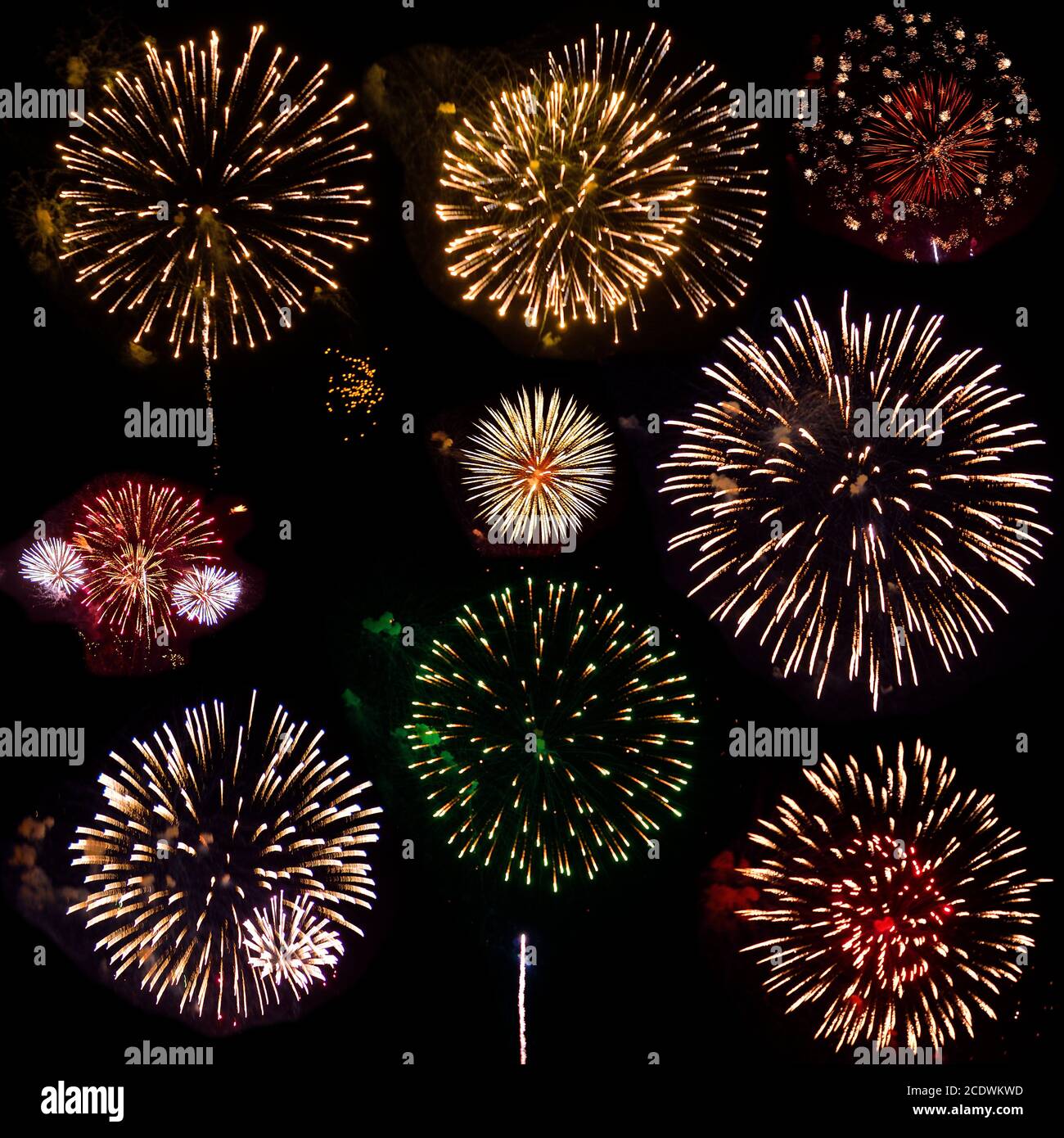 Colorful set of nine exploding fireworks, isolated on black background Stock Photo