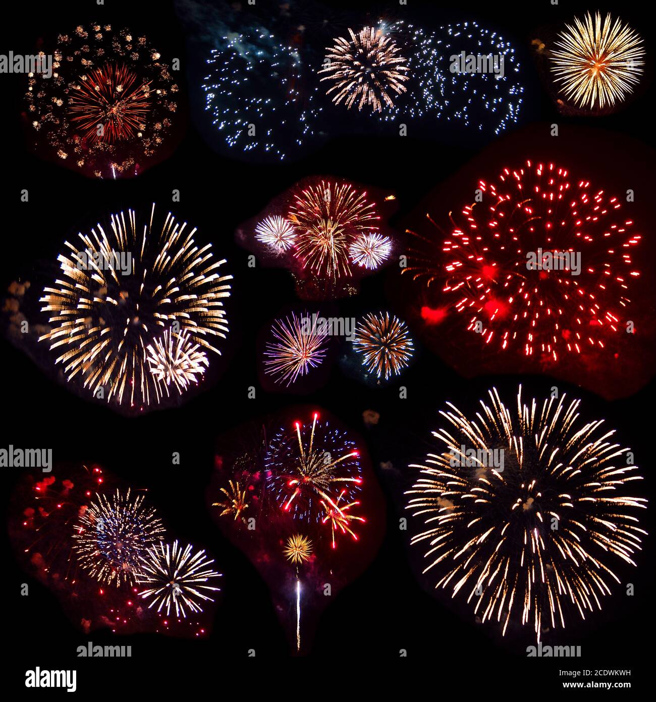 Colorful set of eleven exploding fireworks, isolated on black background Stock Photo