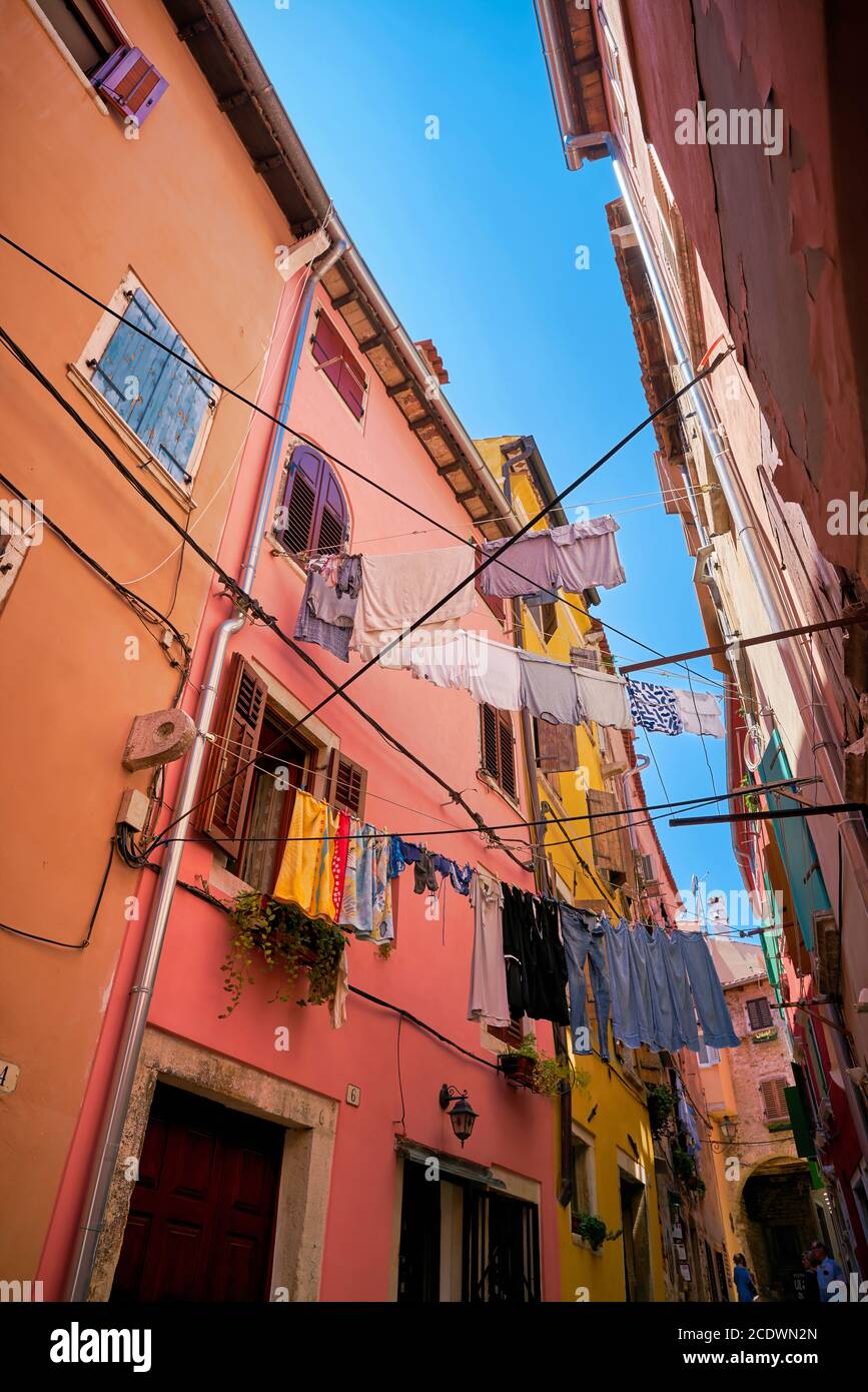 Clothesline in the historic old town of Rovinj in Croatia Stock Photo