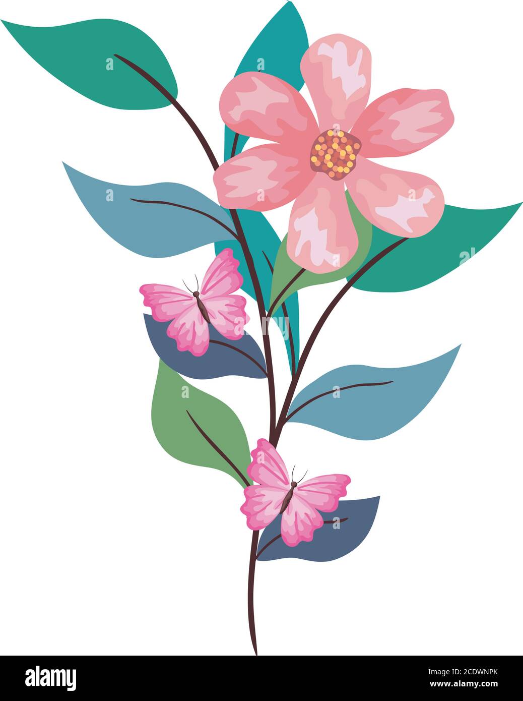 pink butterfles on flower with leaves vector design Stock Vector Image ...