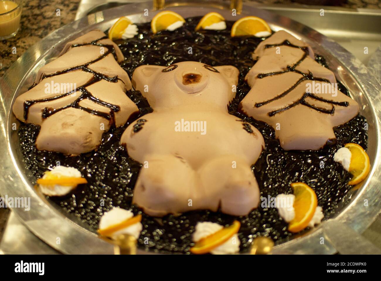 Turkish cake, in shape of the bear and fir-trees. Traditional Turkish delight in the hotel buffet in Turkey. Antalya region, South Turkey Stock Photo