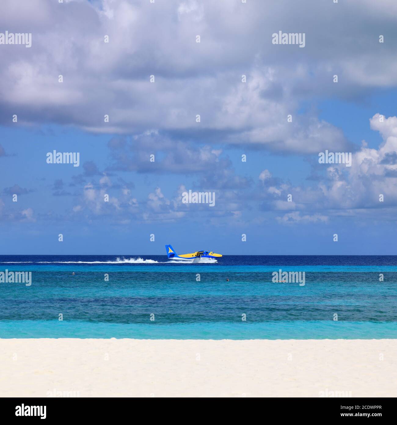 Maldives panorama with seaplane. Stock Photo