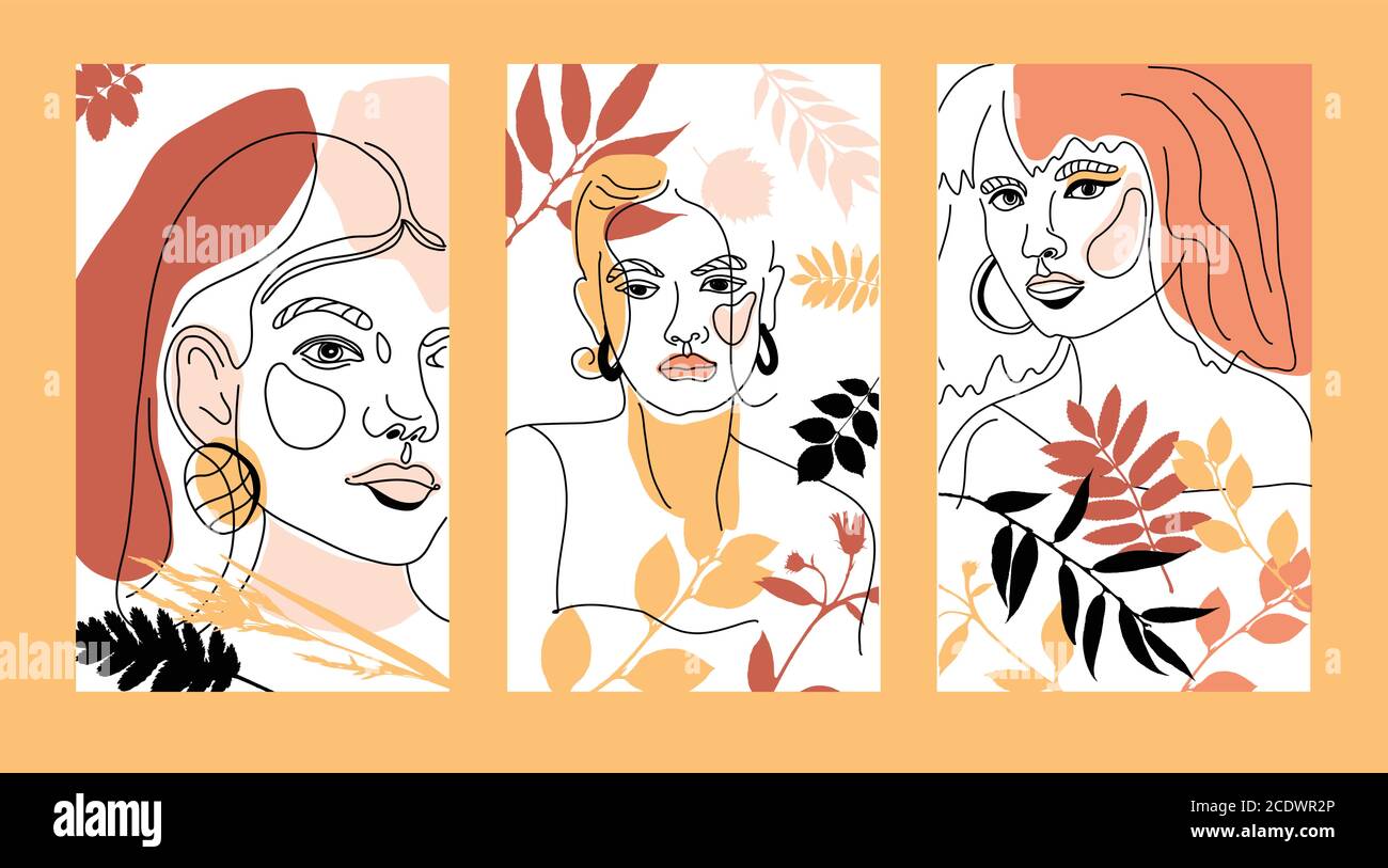 Set of banners with Womans Face Minimal Line Style ol-line drawing. Abstract Contemporary autumn color collage of geometric shapes in a modern trendy Stock Vector