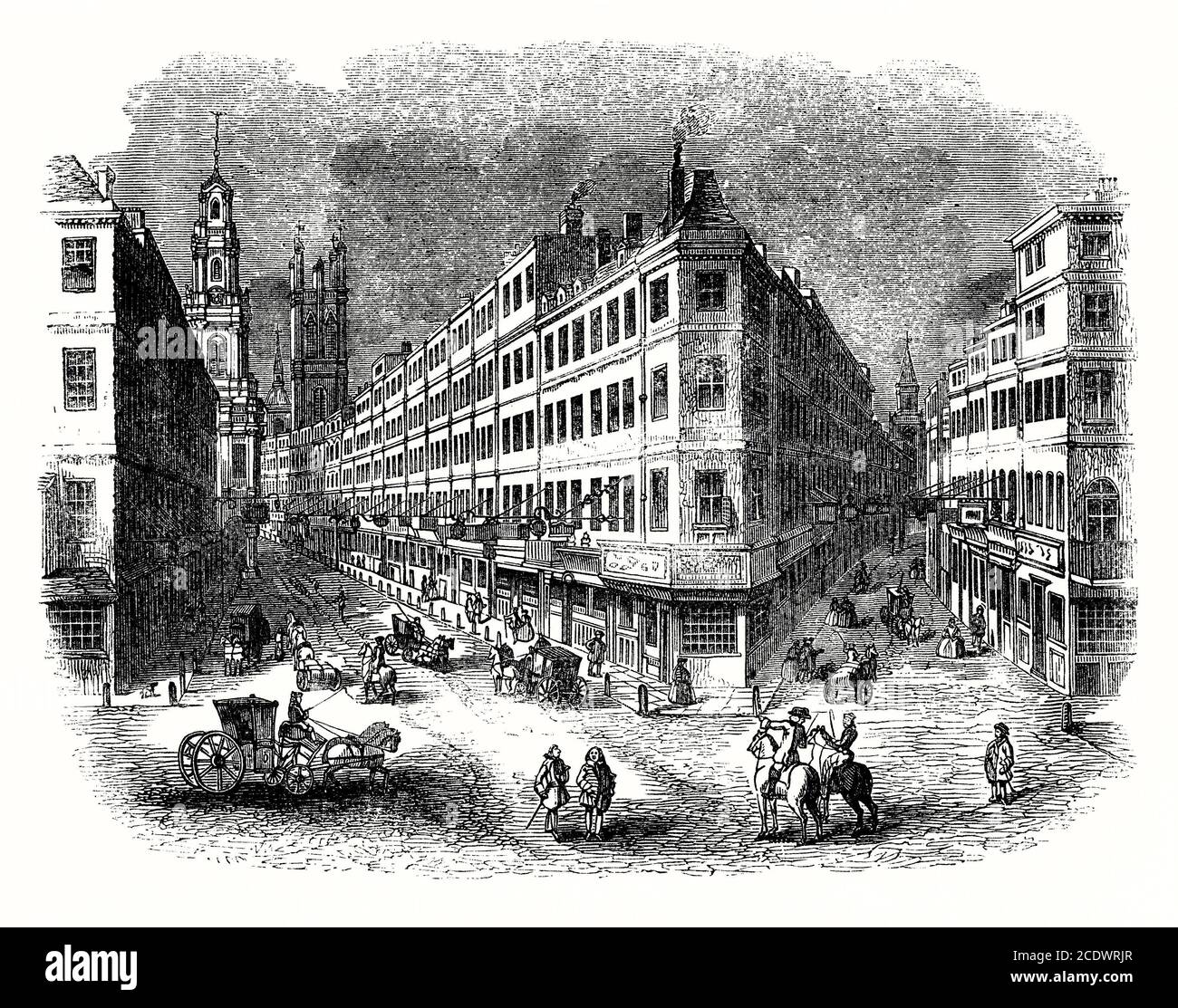An old engraving of the busy junction of Cornhill (left) and Lombard Street with the tower of the Royal Exchange in the distance (left), City of London, England, UK c.1750. The Royal Exchange in London was founded in the 16th century by the merchant Sir Thomas Gresham on the suggestion of his factor Richard Clough to act as a centre of commerce for the City of London. The site was provided by the City of London Corporation and the Worshipful Company of Mercers. Stock Photo