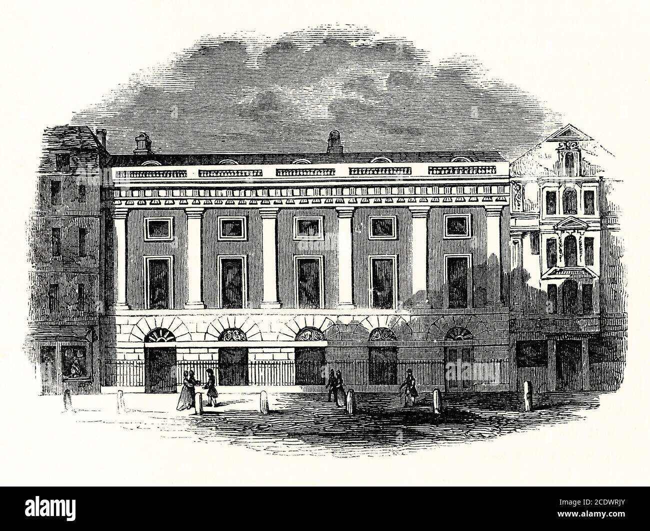 An old engraving of East India House, Leadenhall Street, City of London, England, UK c. 1725. East India House was the London headquarters of the East India Company, which governed much of India until the British government took control of the Company's assets in 1858. The first East India House on the site was an Elizabethan mansion which the Company first occupied in 1648. This was completely rebuilt in early 1700s (as shown here). It was remodelled and extended later that century. It was demolished in 1861. The Lloyd's building, HQ for Lloyd's of London, was built on the site. Stock Photo