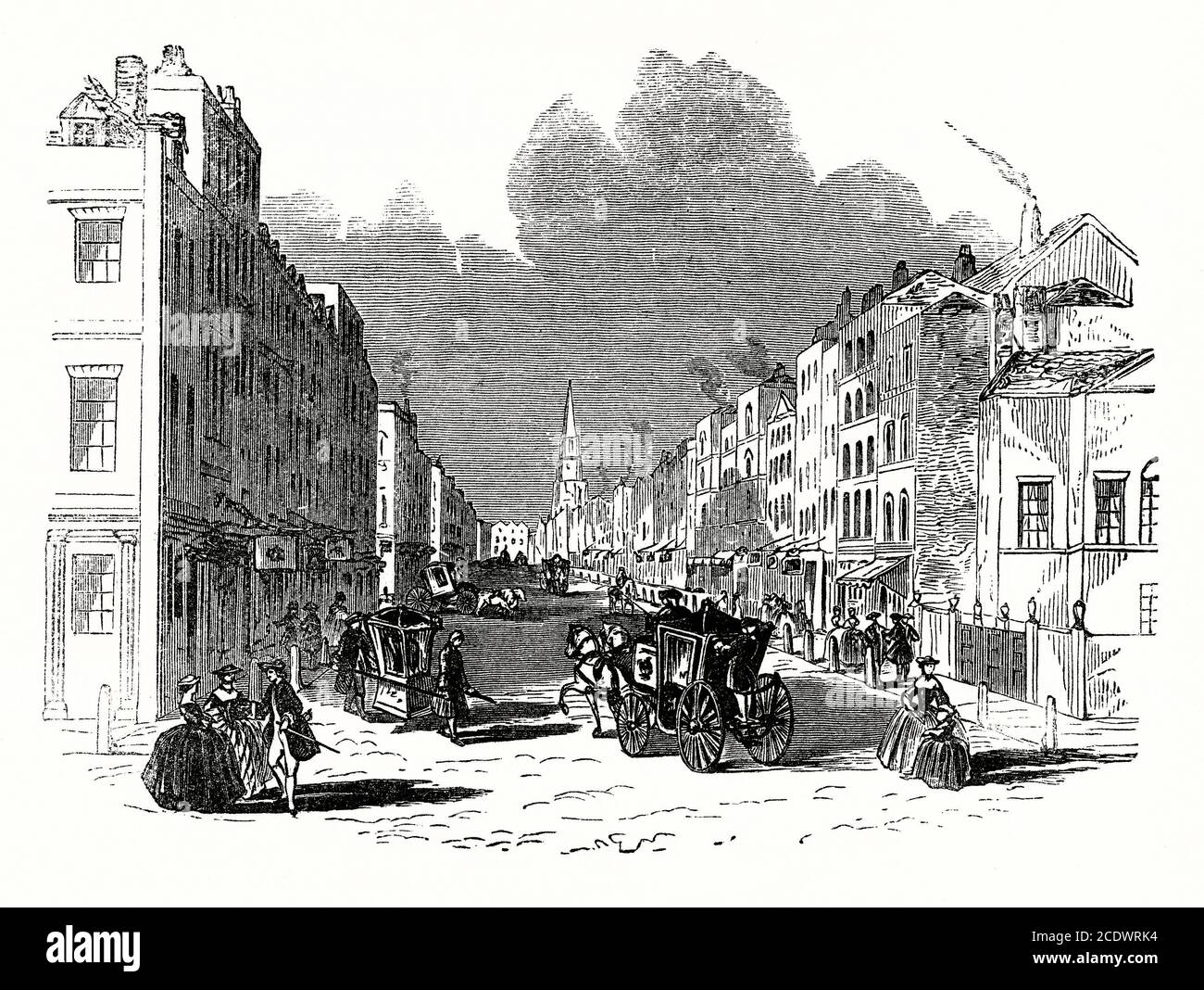 An old engraving of Pall Mall, London, England, UK in the mid 1700s. Pall Mall is a street in the St James's area of the City of Westminster. This view shows shops and shoppers with horses and carriages. The street's name is derived from 'pall-mall', a ball game played there during the 1600s. A new road was built on the site of the old pall-mall court, and opened in 1661. It was named Catherine Street, after Catherine of Braganza, wife of Charles II, but was better known as Pall Mall Street or the Old Pall Mall. It became well-known for its fashionable shops and grand houses. Stock Photo