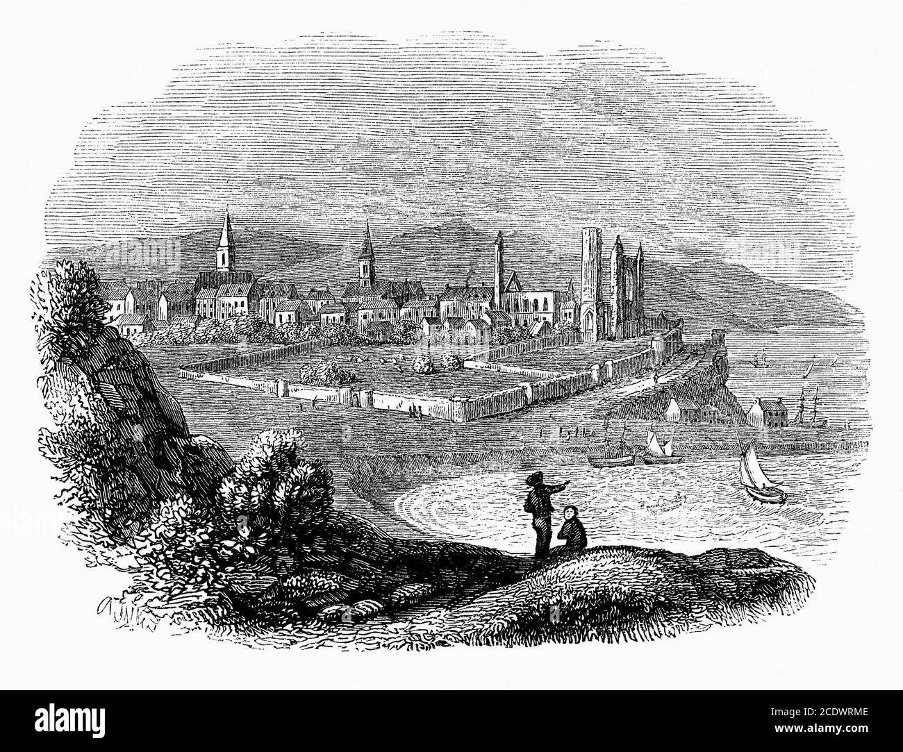 An old engraving of St Andrews, Fife, Scotland, UK, a town on the east coast of the county, 30 miles (50 km) northeast of Edinburgh. The town is home to the University of St Andrews, the third oldest university in the English-speaking world. The famous St Andrews cathedral (centre right), the largest in Scotland, was built in 1160. In 1559, the town fell into decay after the violent Scottish Reformation and the Wars of the Three Kingdoms. It lost its status of ecclesiastical capital of Scotland and the cathedral became ruins. St Andrews is also known worldwide as the ‘home of golf’. Stock Photo