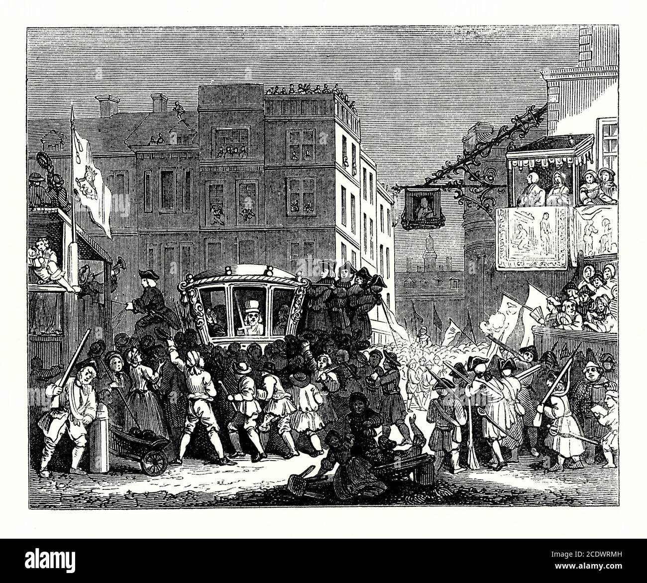An old engraving of The Lord Mayor's Show procession, London, England, UK in the mid 1700s. The Lord Mayor's Show is one of the best-known annual events in London as well as one of the longest-established, dating back to the 1500s. A new lord mayor is appointed every year, and the public parade that takes place as his or her inauguration ceremony reflects that this was once one of the most prominent offices in England. The office of Lord Mayor dates from 1189. The modern Lord Mayor's procession is a direct descendant of the Show. Stock Photo