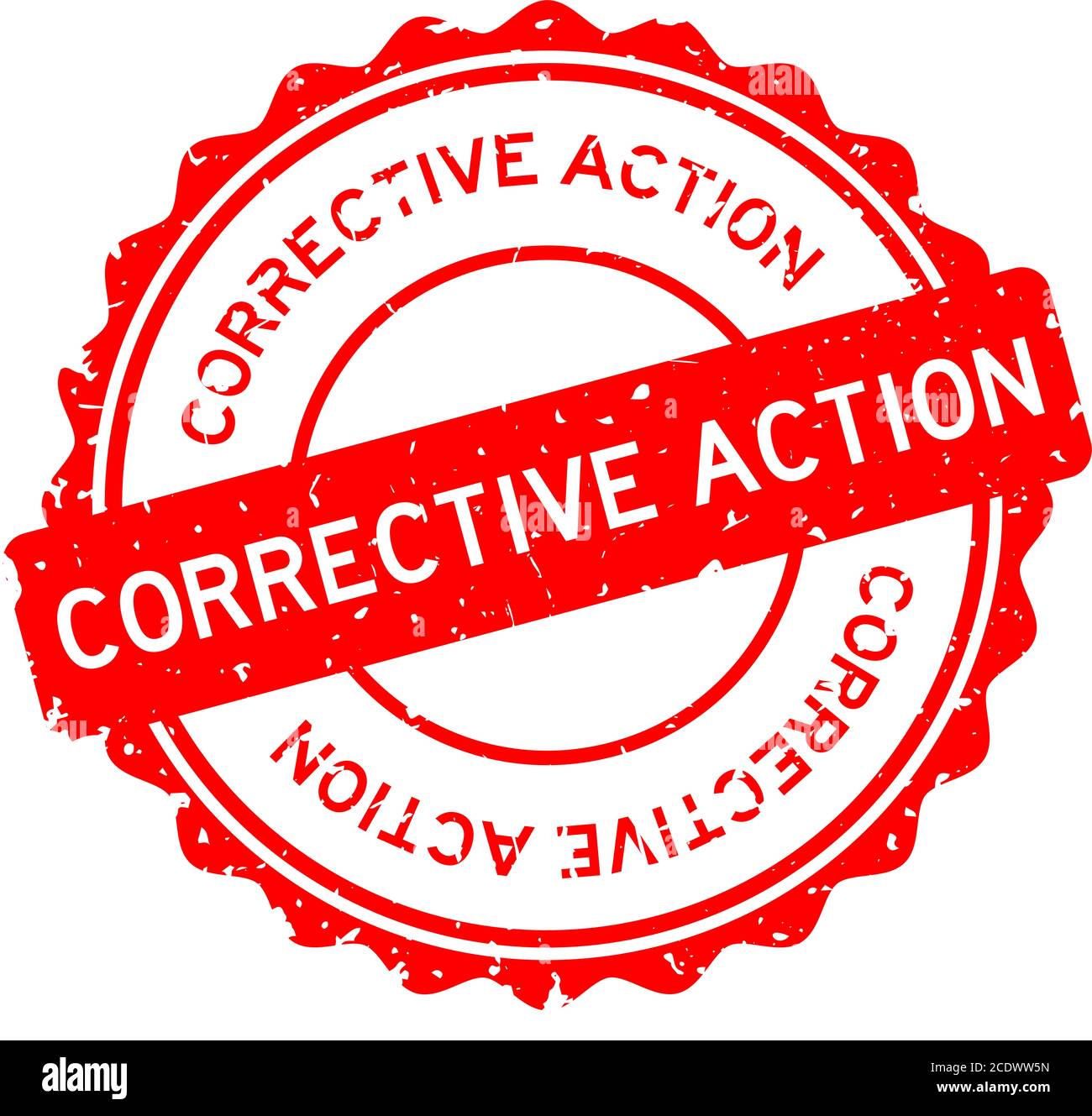 Grunge red corrective action word round rubber seal stamp on white