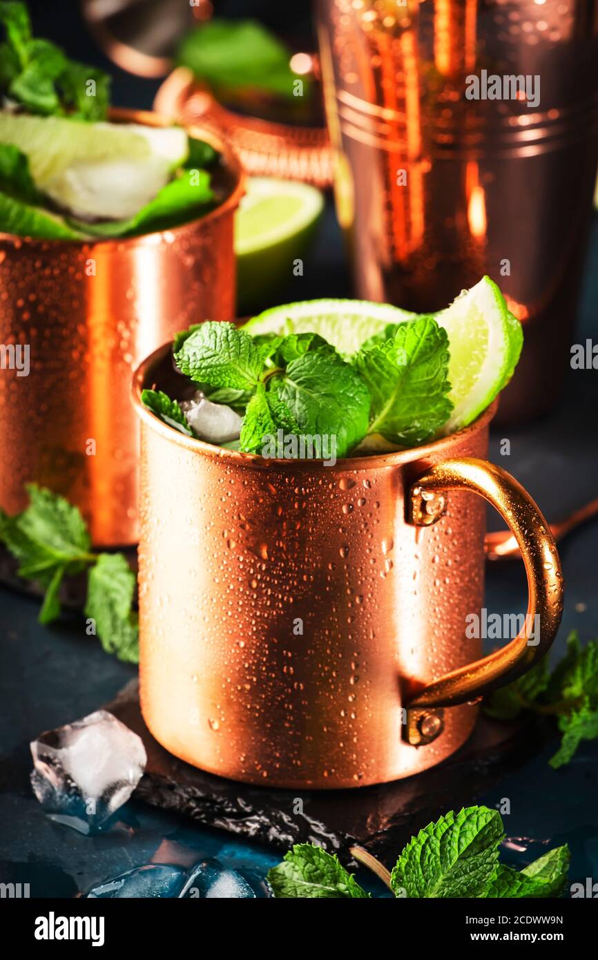 Moscow mule cocktail in copper mug with lime, ginger beer, vodka and