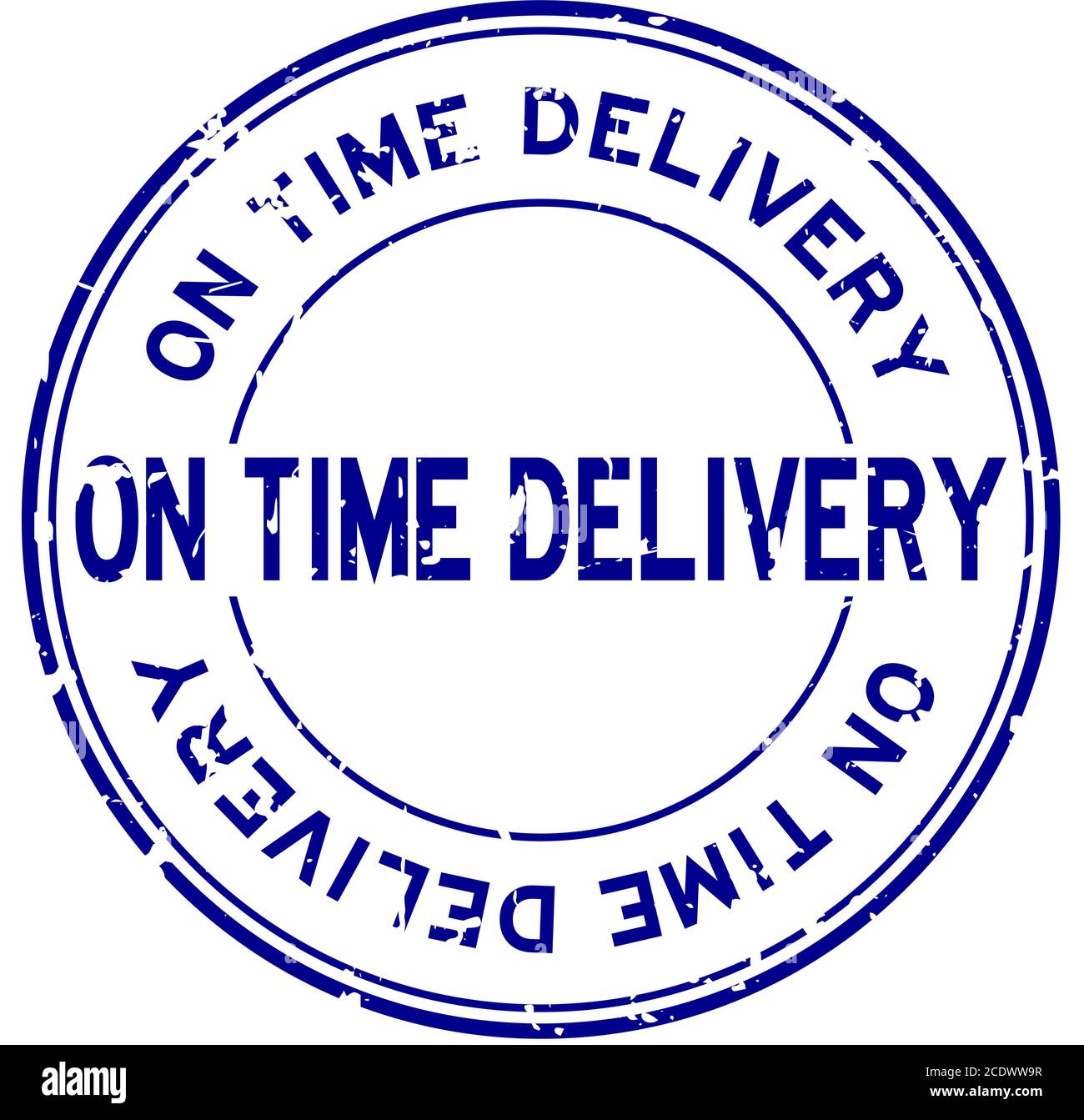 Grunge blue on time delivery word round rubber seal stamp on white