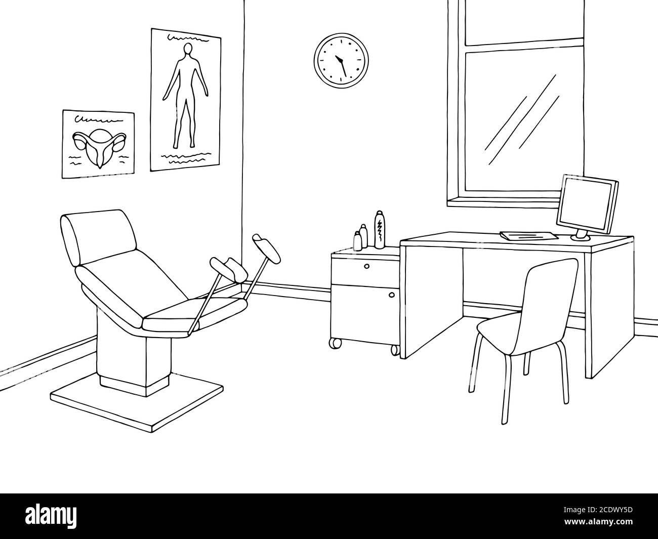 Gynecological office clinic graphic black white interior sketch illustration vector Stock Vector