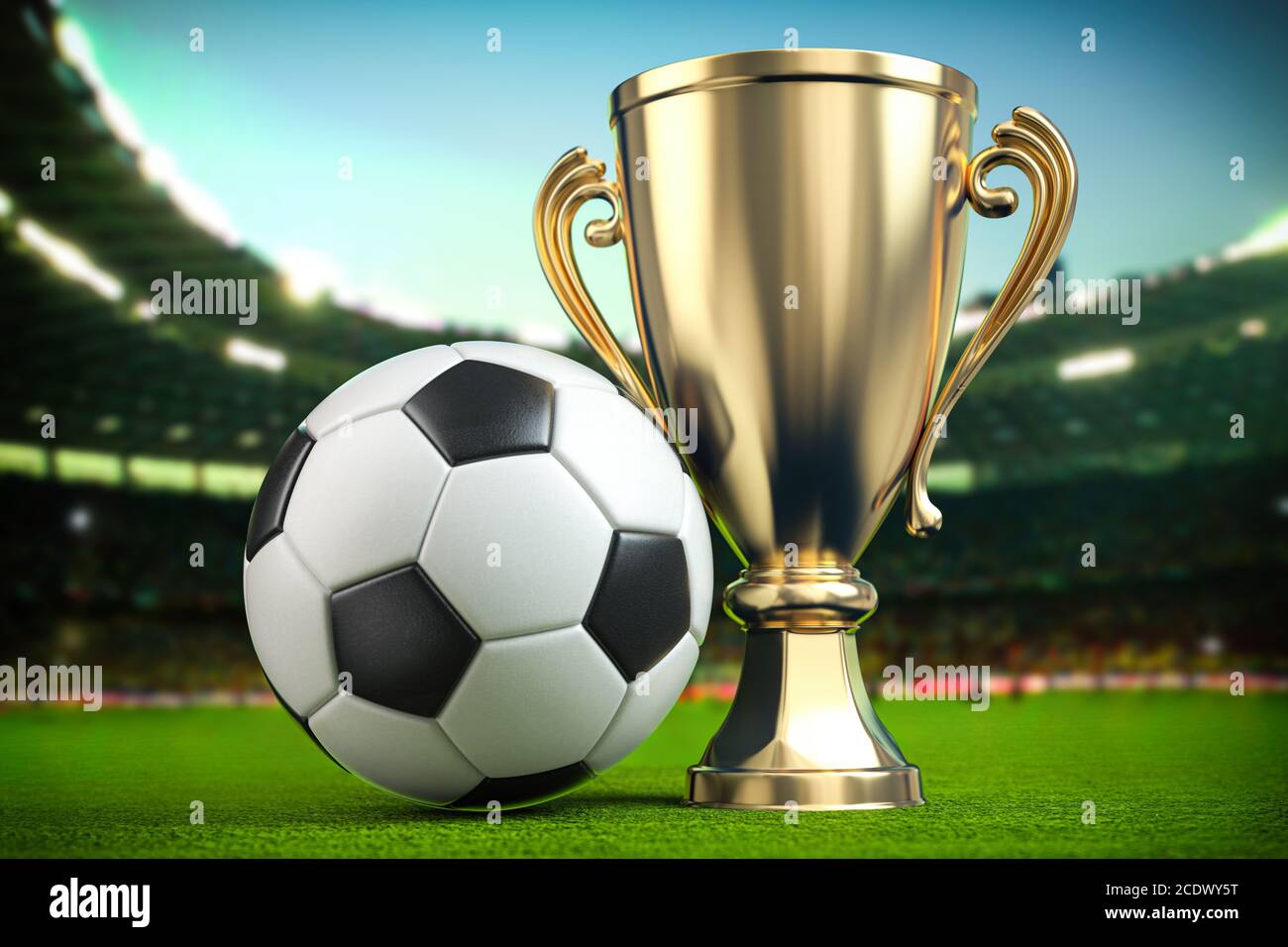 Football soccer ball and golden cup on the grass of football arena. 3d ...