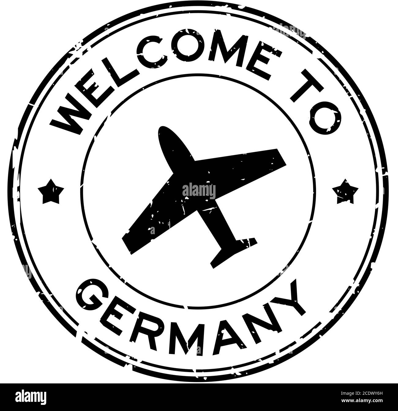 Grunge black welcome to Germany word with airplane icon round rubber seal stamp on white background Stock Vector