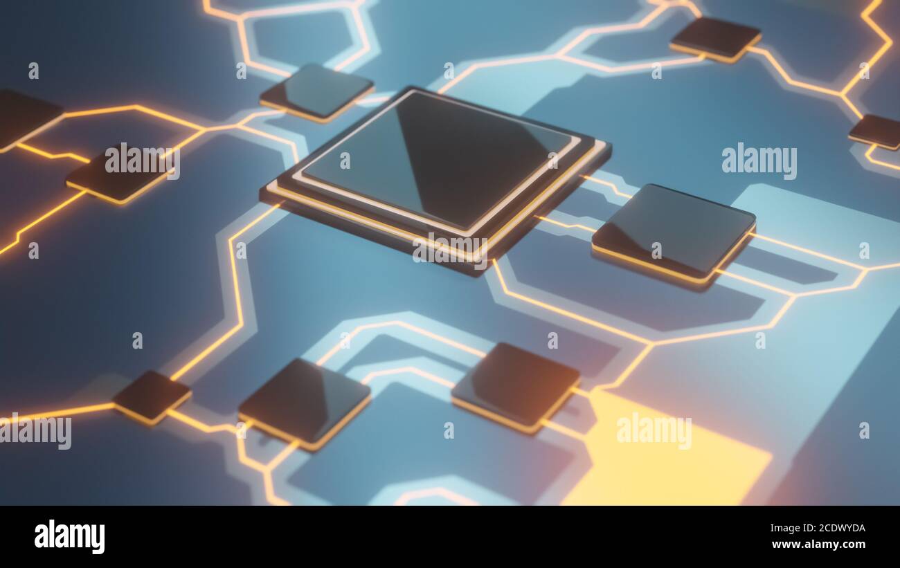 Technology background, CPU central processing unit on circuit board with glowing connections, ai futuristic micro processor concept, 3D CGI render Stock Photo