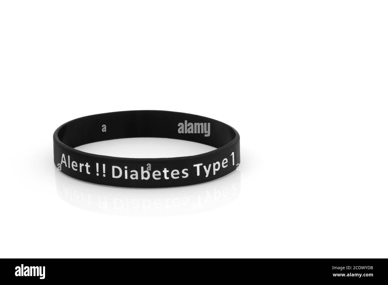 Diabetes type one alert wristband in black rubber silicone on white background. Stock Photo