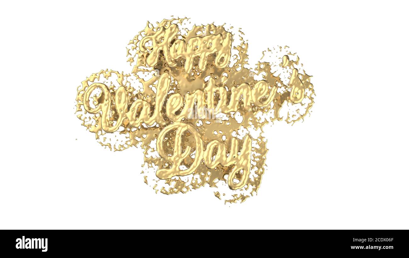 Happy Valentine's Day message written by volume liquid gold with splash isolate over bright white background. 3d illustration Stock Photo