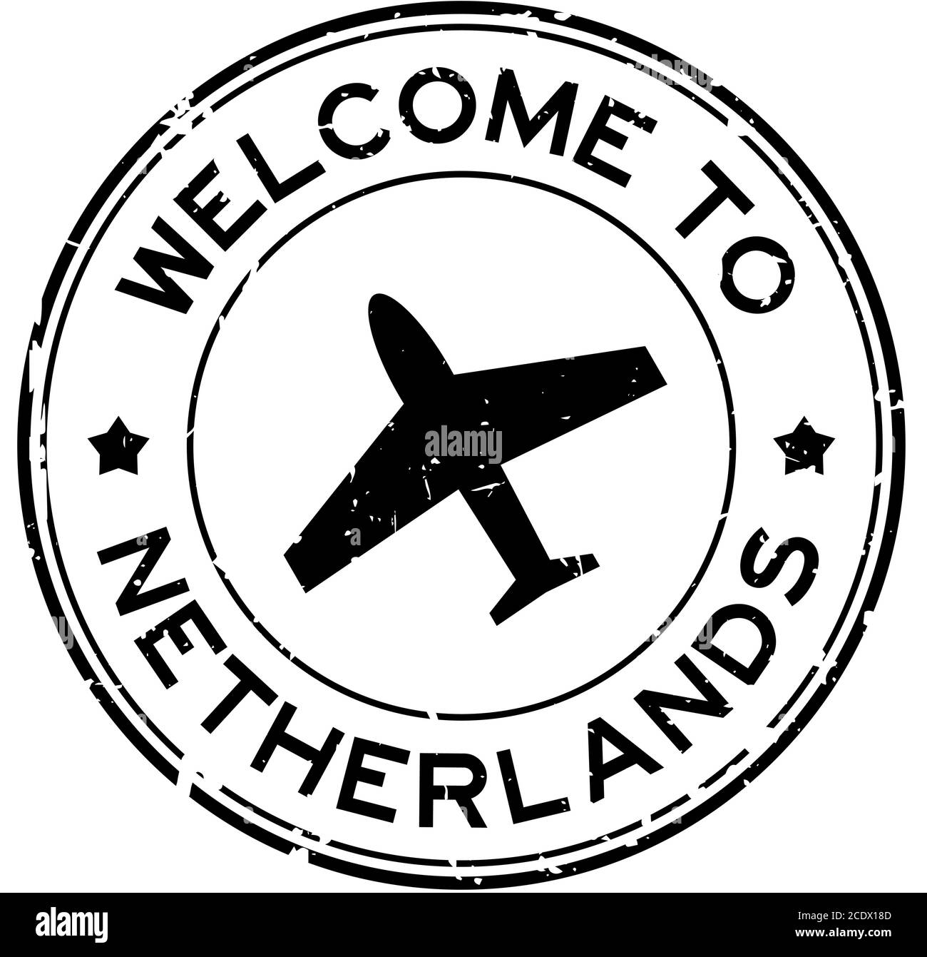 Grunge black welcome to Netherland word with airplane icon round rubber seal stamp on white background Stock Vector