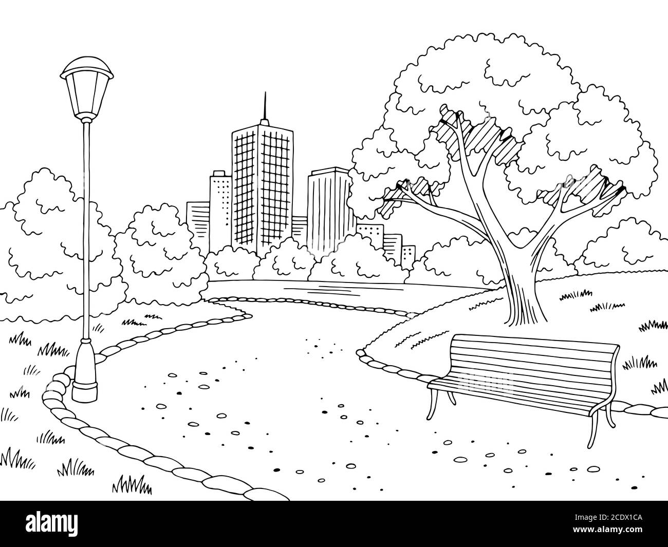 Park graphic black white bench lamp landscape sketch illustration vector Stock Vector