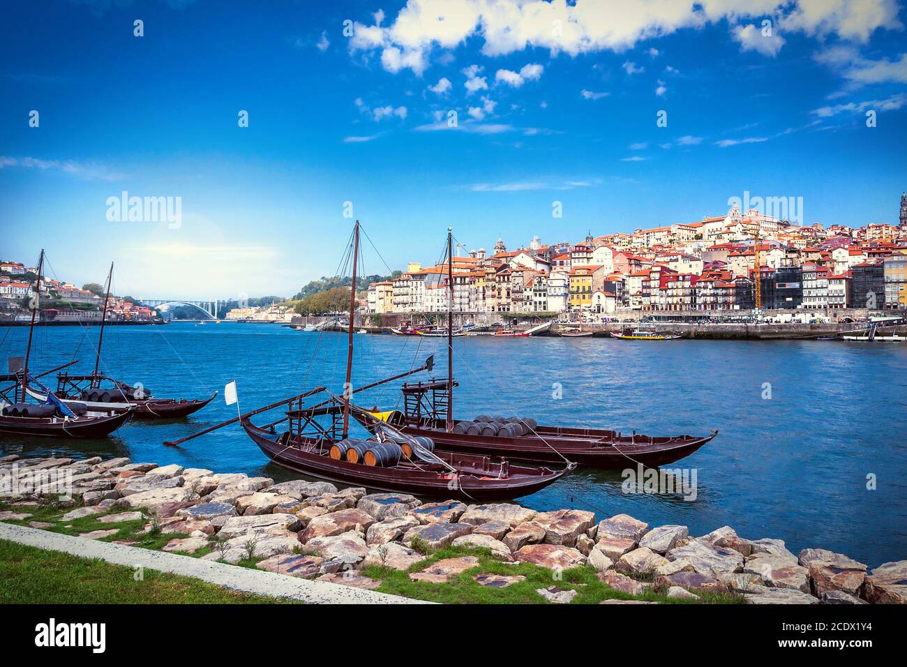 View of the historic center of Porto, the Douro river and the typical Rabelo boats Stock Photo