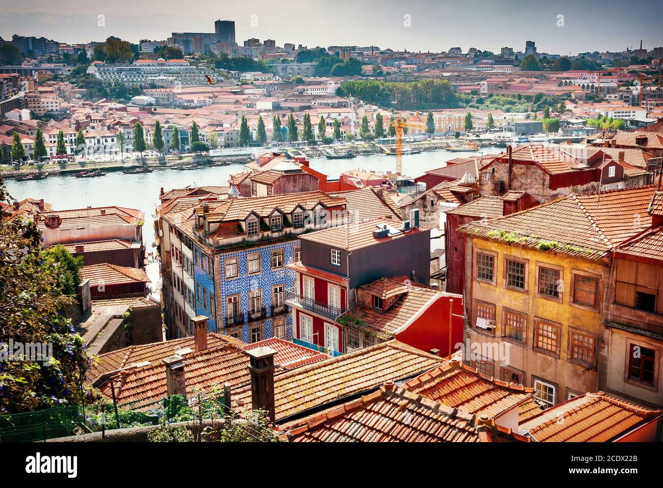 View of Porto's old town houses, the Douro river and the Port wine warehouses Stock Photo