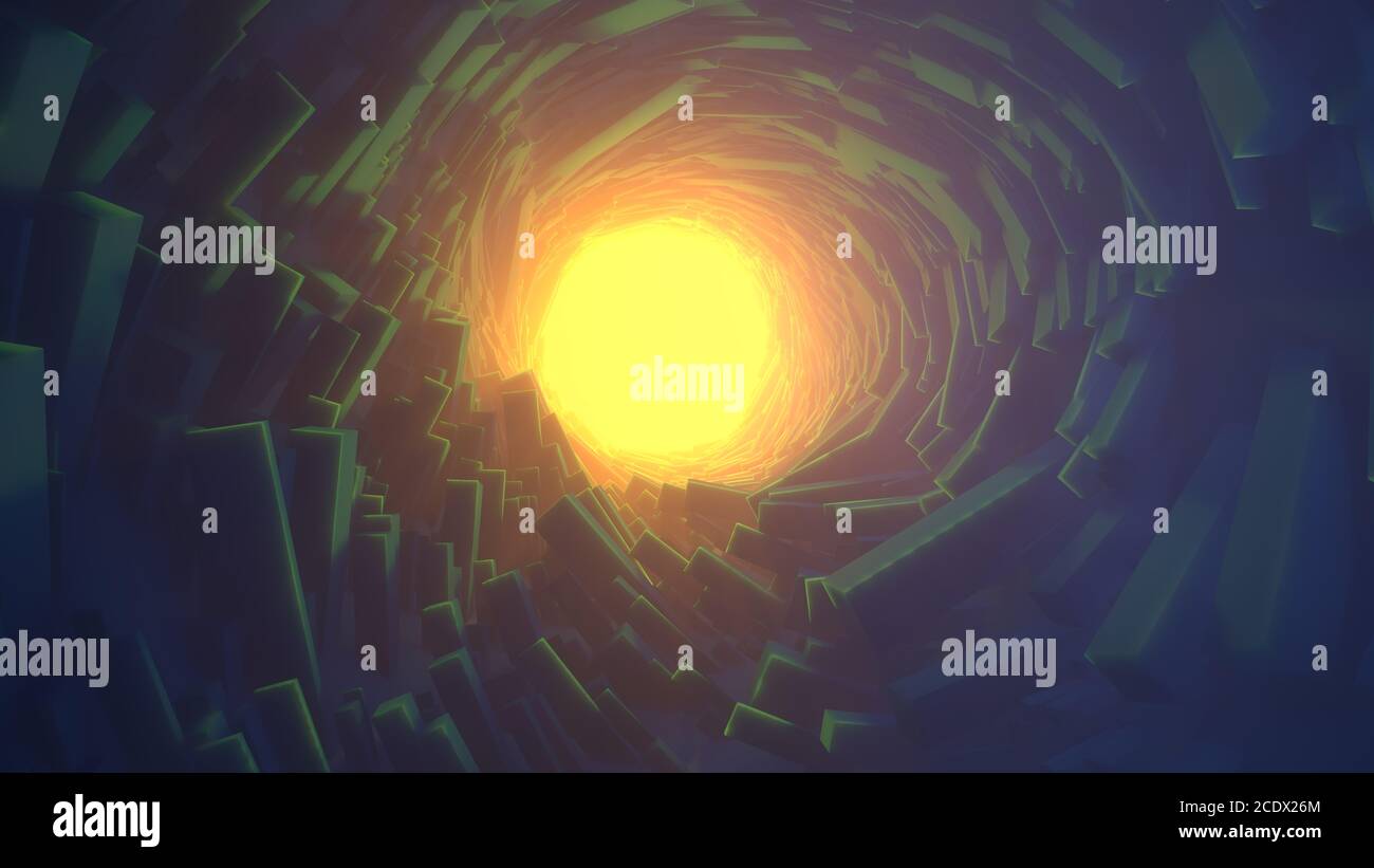 Abstract technology round tunnel filled by long boxes and warm yellow ...