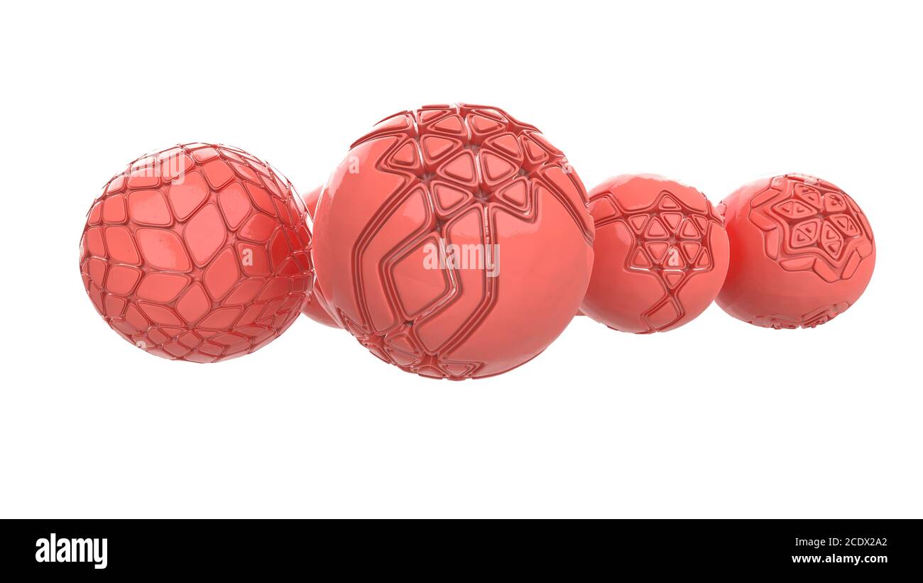 flying pink hi-tech living coral color spheres. Abstract background with 3d geometric shapes. Modern cover design. Ads banner te Stock Photo
