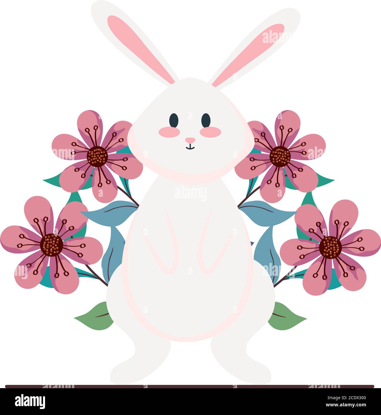 Cute white rabbit cartoon with flowers and leaves vector design Stock ...