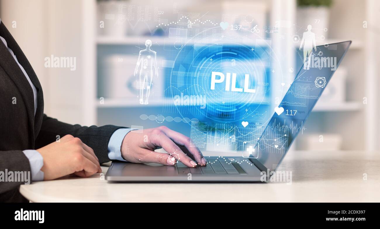 Doctor working a health check with PILL inscription, recording medical ...
