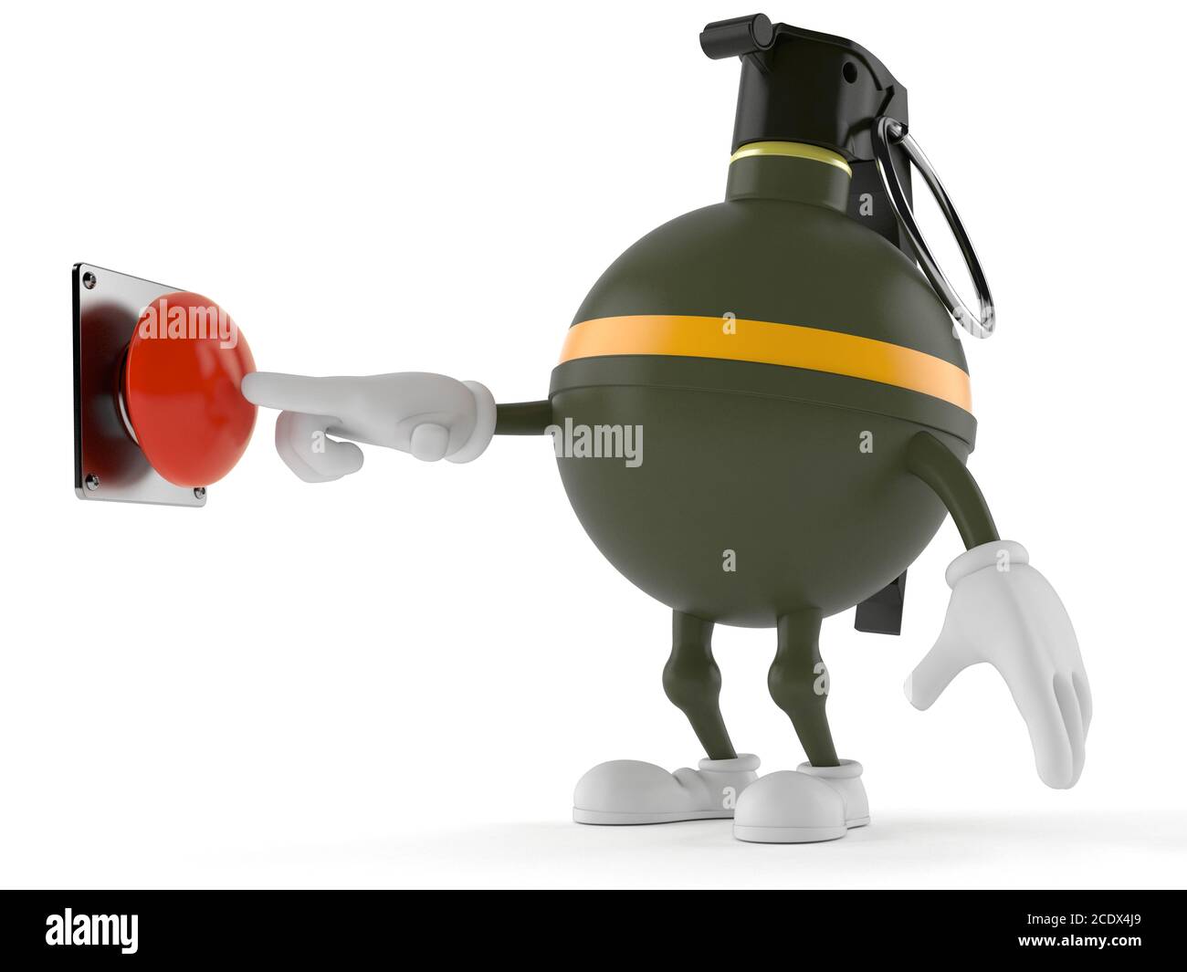 Hand grenade character pushing button isolated on white background ...