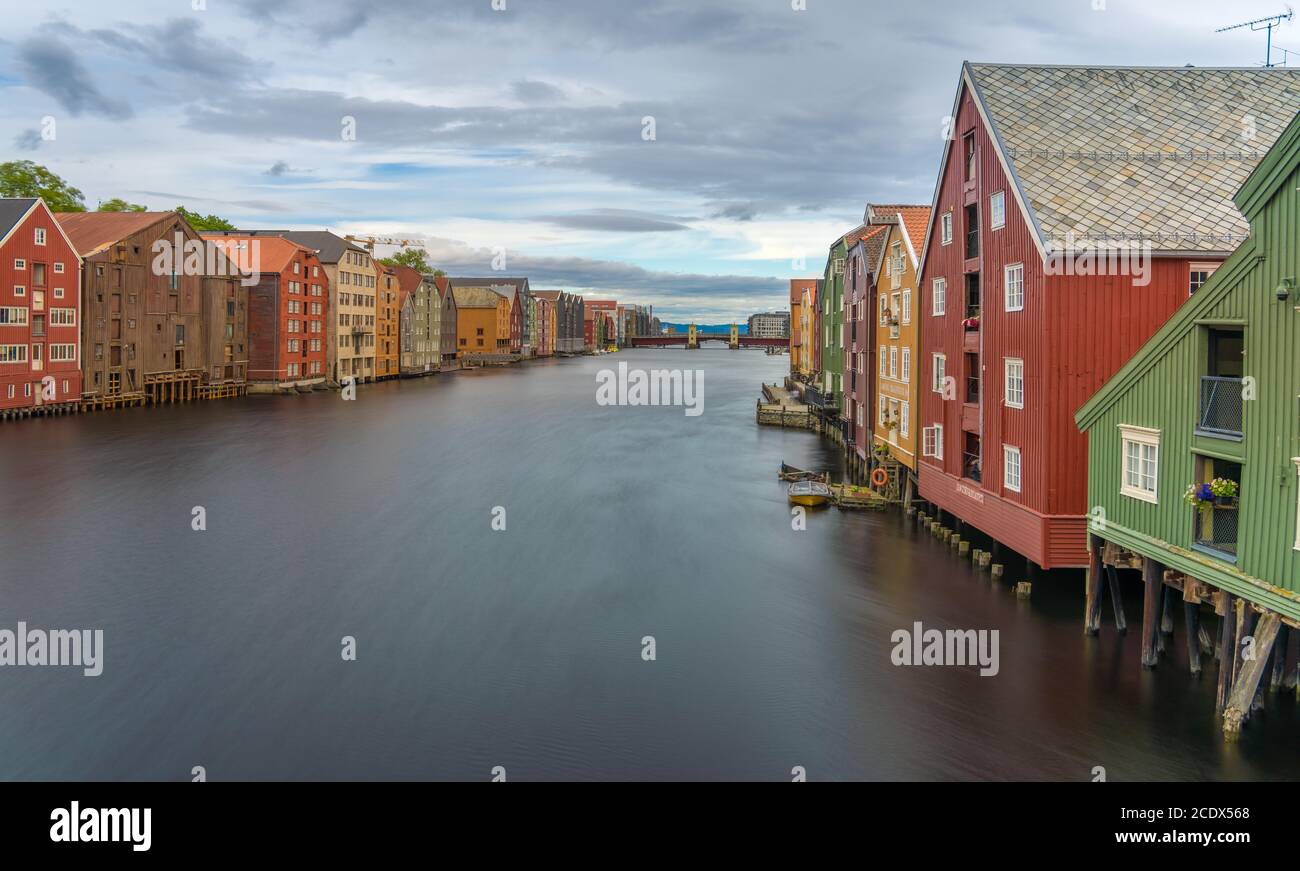 The colorful and iconic old city wharves along the Nidelva river in ...