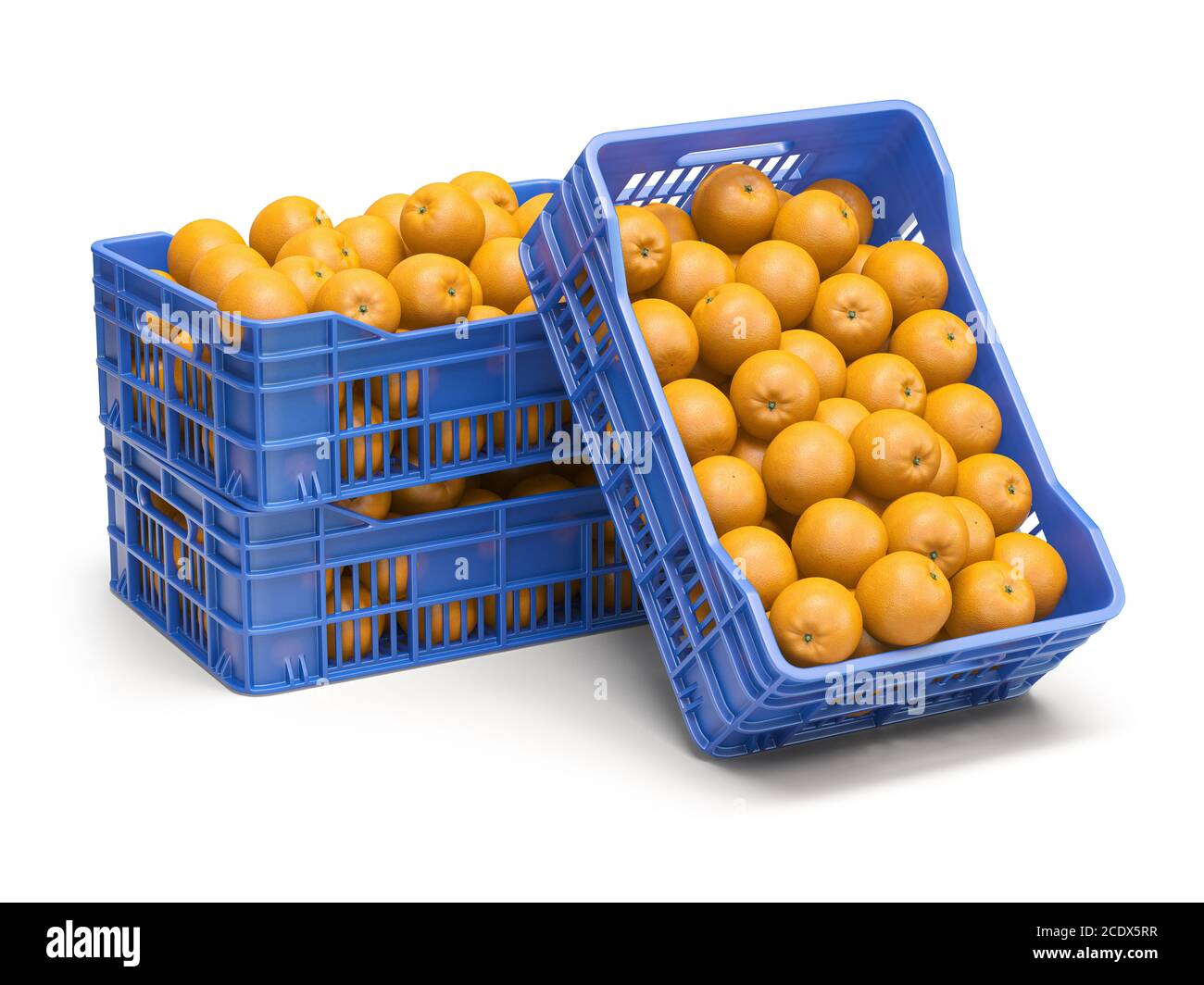 Orange fruit in plastic fruit crates isolated on white background. 3d