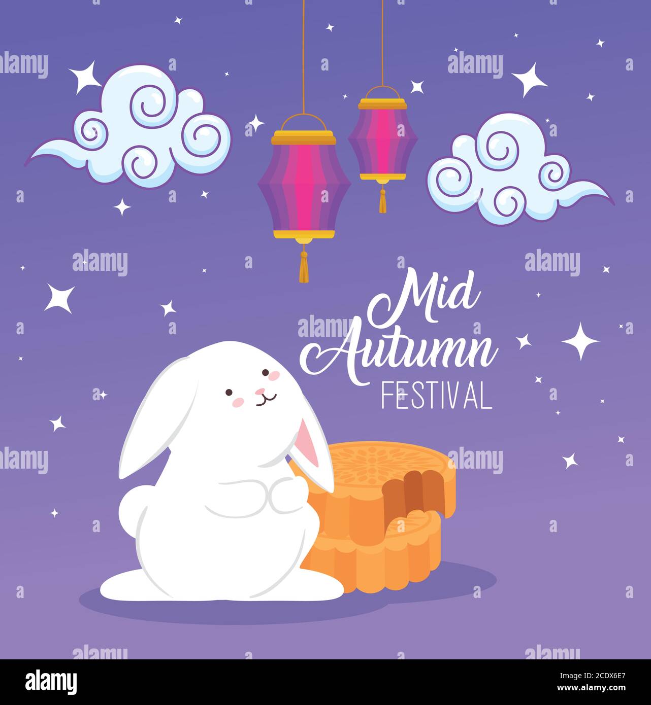 rabbit with mooncakes and clouds of happy mid autumn festival vector ...