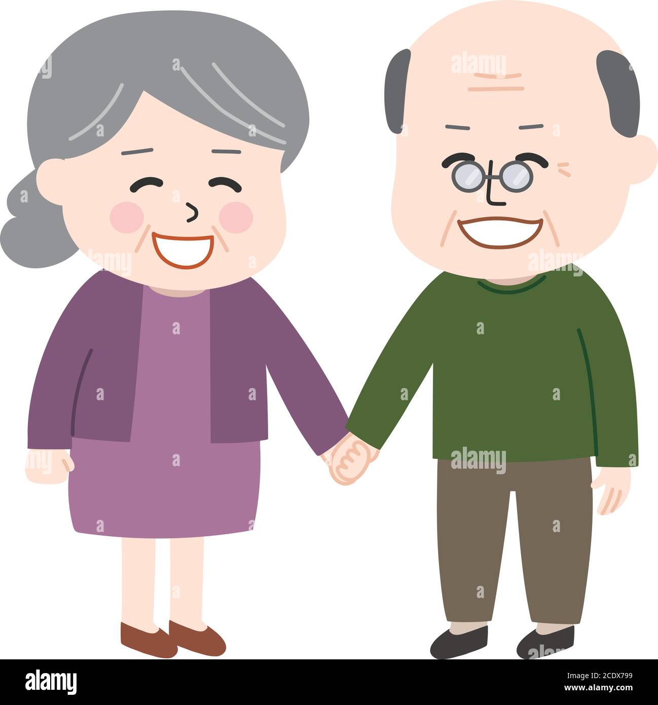 Elderly couple smile holding hands. Stock Vector